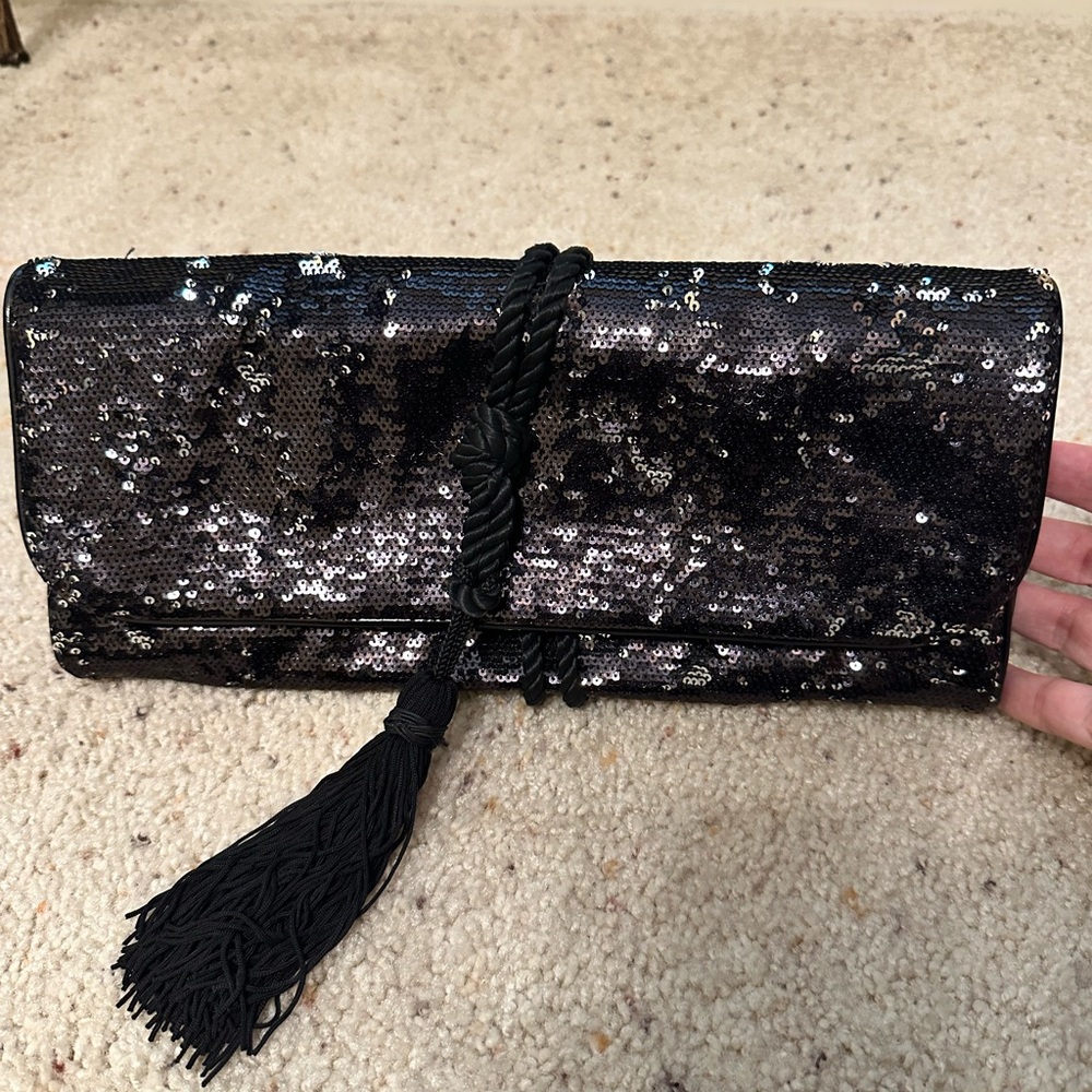 Sequin Clutch with Tassel - Black